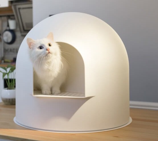 white cat looking out of white litter box