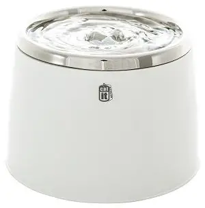 A white Catit stainless steel water fountain