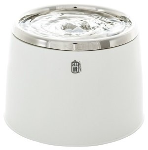 A white Catit stainless steel water fountain