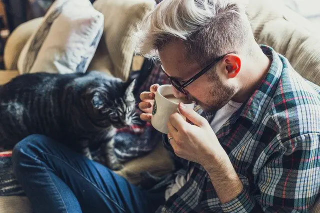 cat climbing onto the lap of a man drinking tea