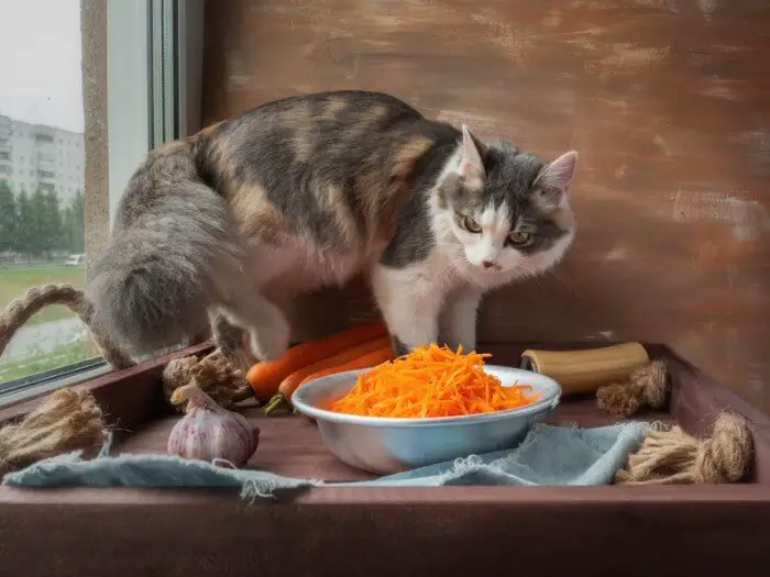 kat med kop gulerødder