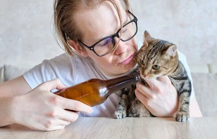 man trying to get a cat to drink from bottle